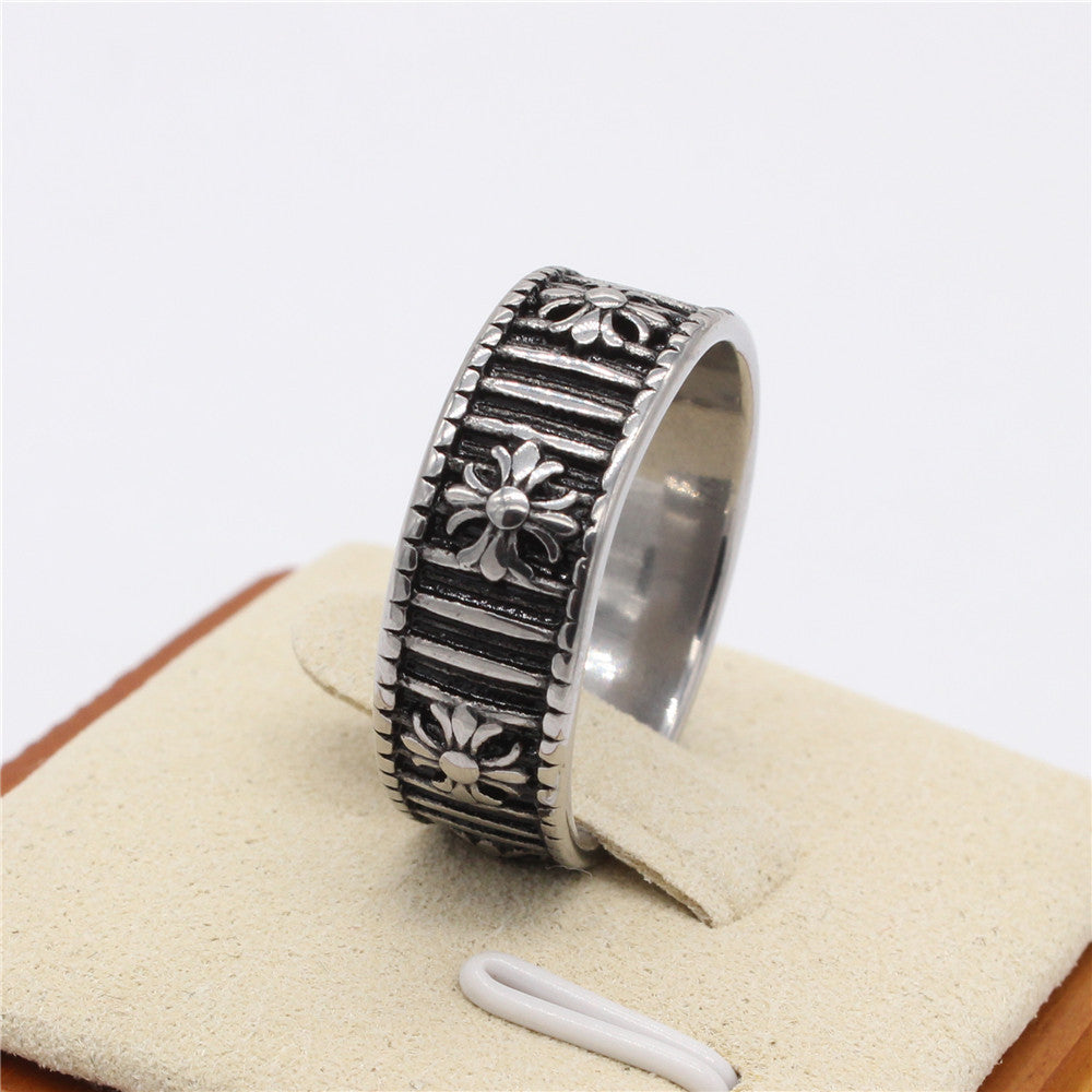 Cross Flower Vertical Stripe Titanium Steel Ring for Men