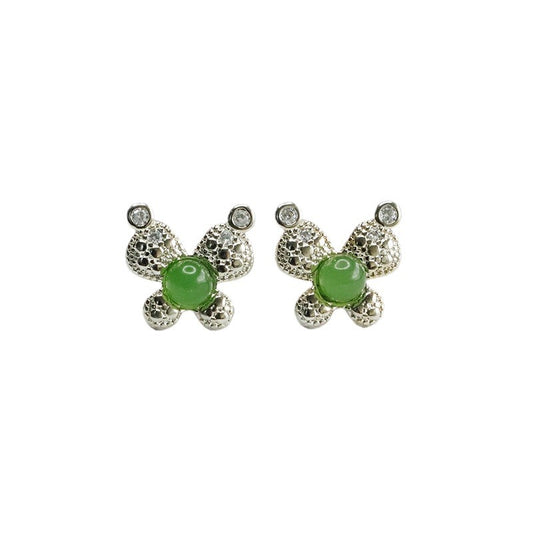 Hotan Jade Jasper Stud Earrings with Silver Bow Knot