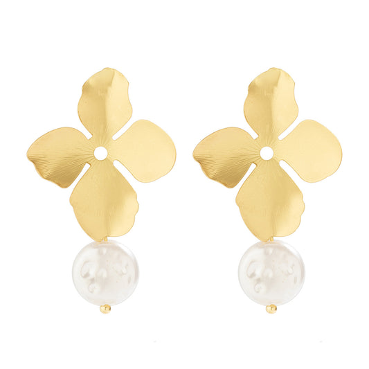 Elegant Cross-border French Petal Earrings with Imitation Pearl Details