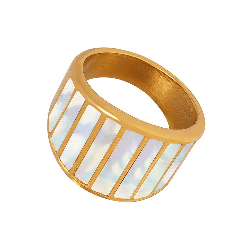 Exaggerated White Sea Shell Wide Ring - Fashionable Titanium Steel Statement Piece