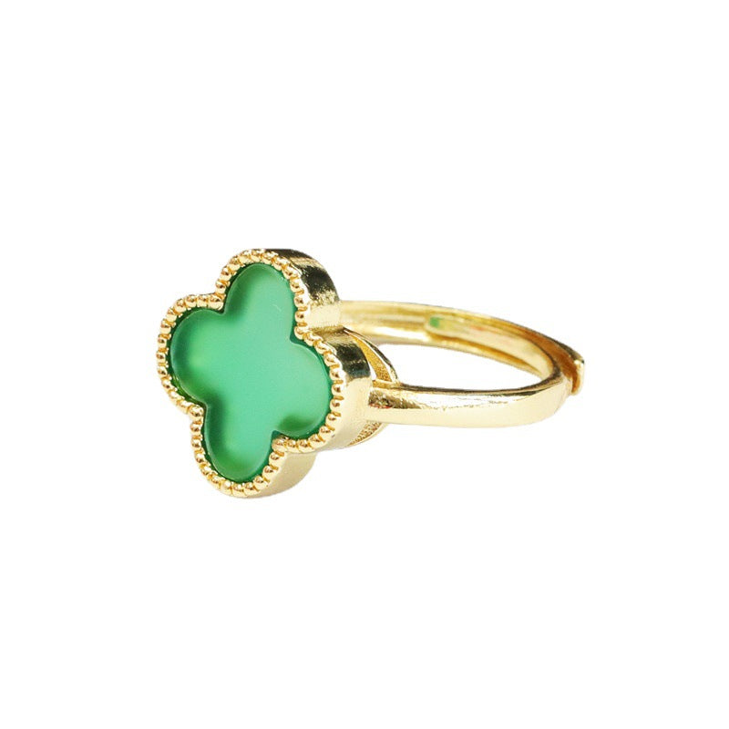 Green Chalcedony Four-leaf Clover Sterling Silver Ring