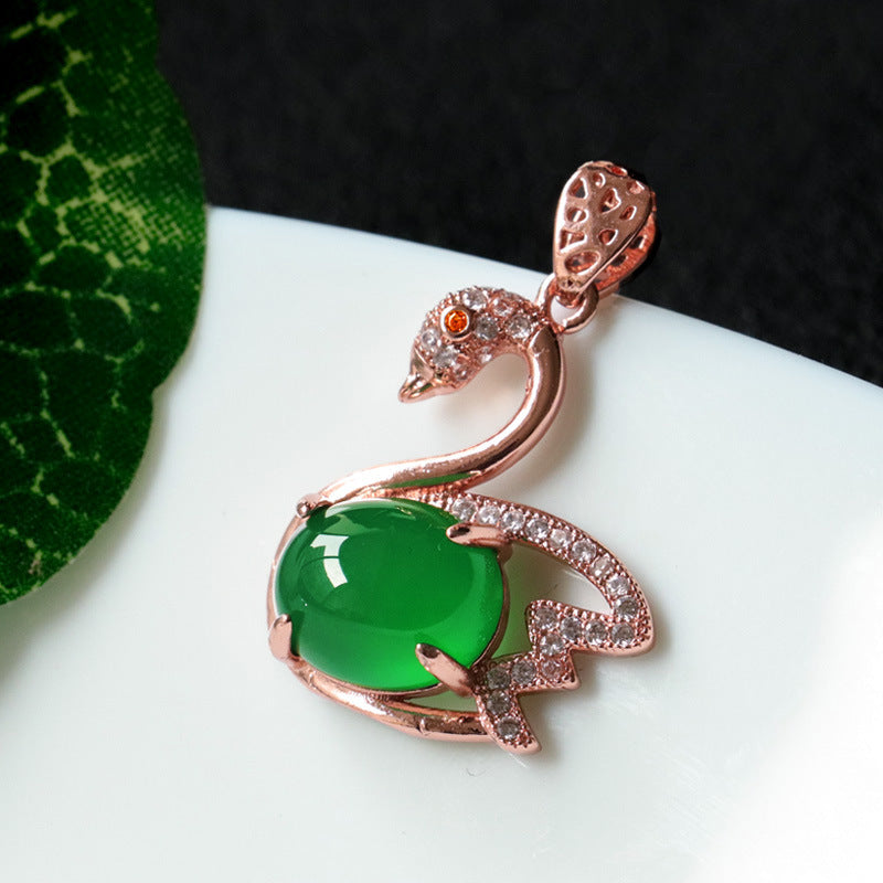 Natural Green Chalcedony Sterling Silver Swan Pendant