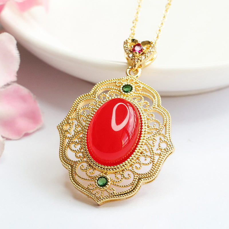 Natural Red Agate Chalcedony Hollow Auspicious Cloud Pendant Retro