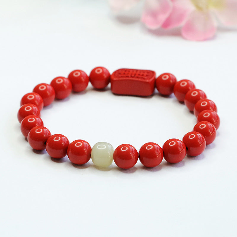 Cinnabar Red Sand Tai Sui Hand String Bracelet with Hotan Jade