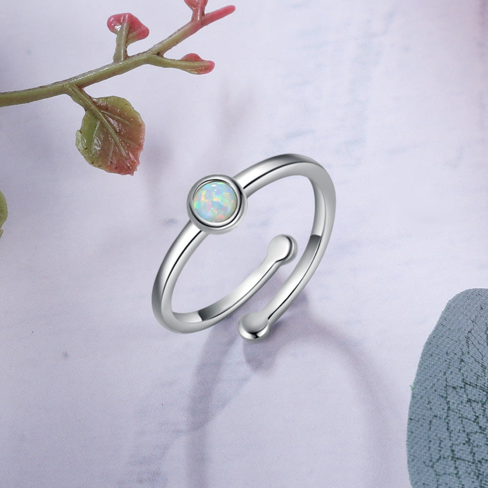 Round Opal Polished Opening Sterling Silver Ring