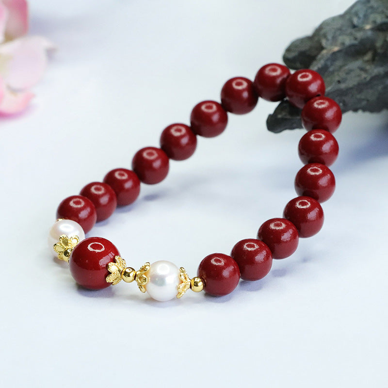 Vermilion Pearl and Gold Sand Bracelet: Handcrafted Sterling Silver Jewelry