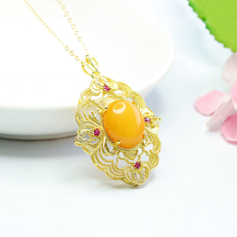 Floral Sterling Silver Necklace with Honey Amber Pendant