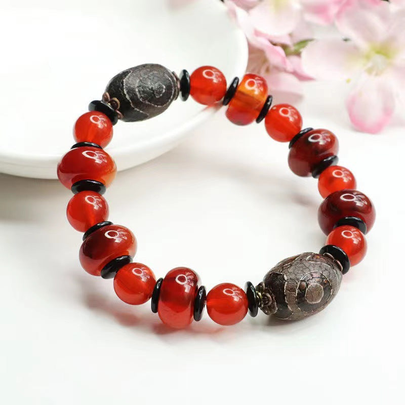 Three-Eyed Heavenly Red Agate Sterling Silver Bead Bracelet