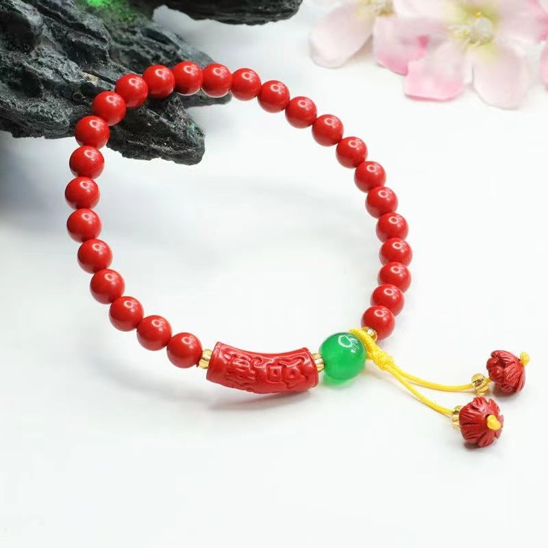 Red Lotus Cinnabar Bracelet with Sterling Silver Beads