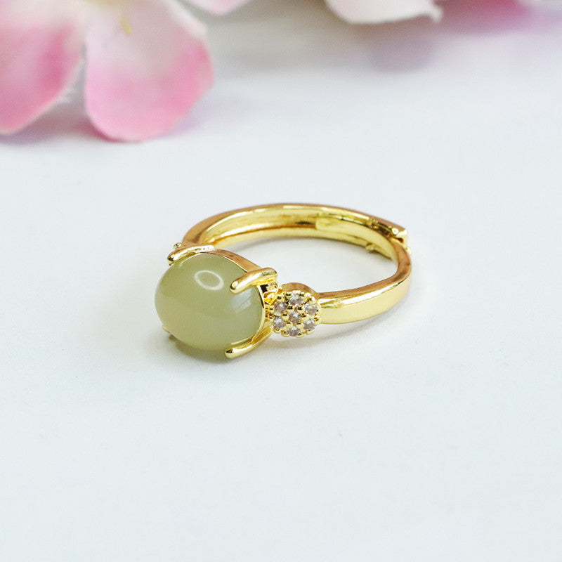 Exquisite Natural Hotan Jade and Zircon Sterling Silver Ring