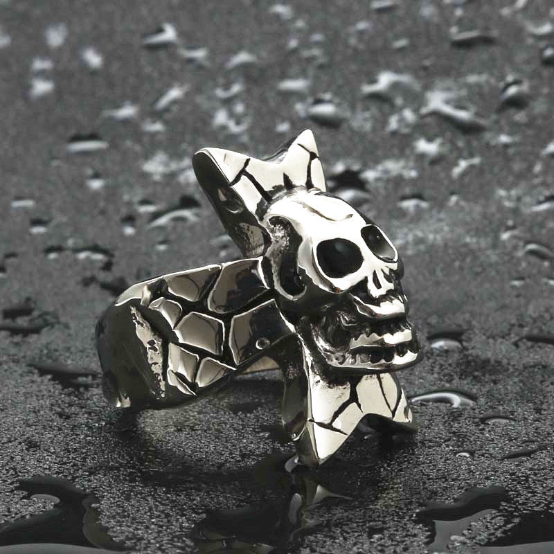 Titanium Steel Retro Cross Ring with Ghost Head Detail for Men - Edgy Punk Jewelry