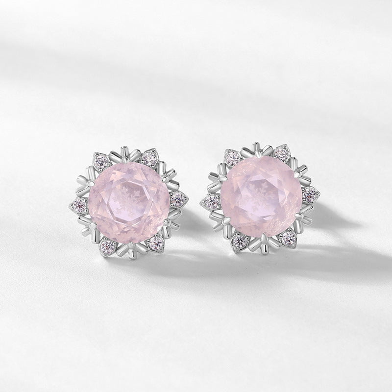 Christmas Winter Snowflake Round Pink Crystal Sterling Silver Stud Earrings