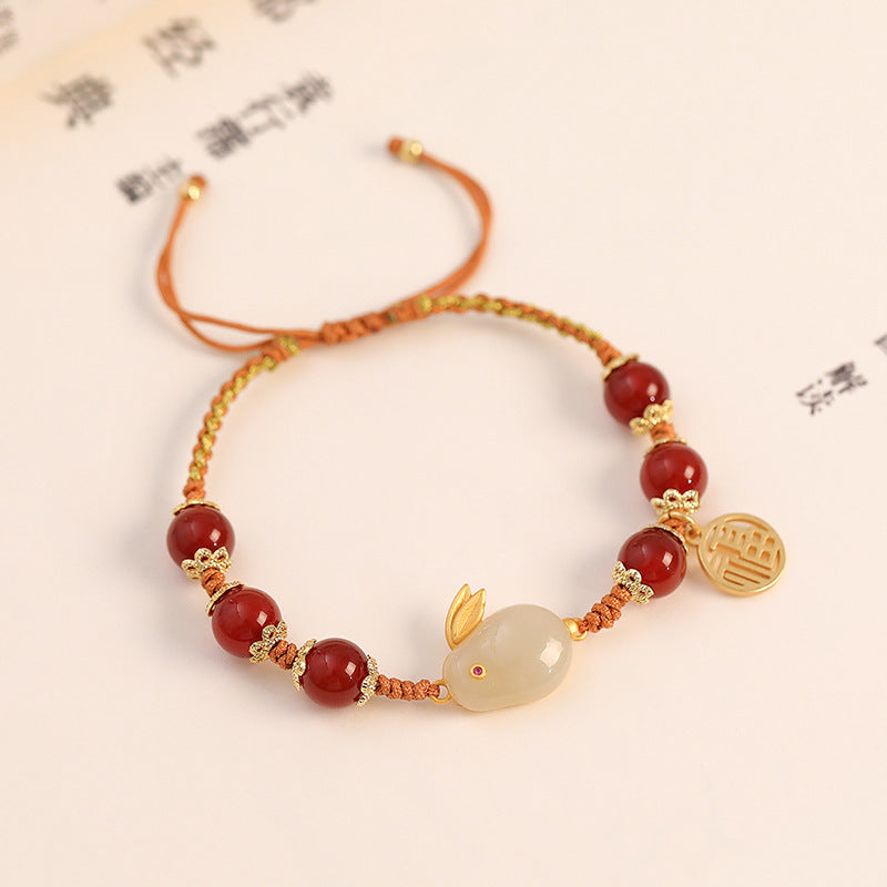 Chinese Retro Nephrite Jade and Red Agate Bracelet with Sterling Silver Detail