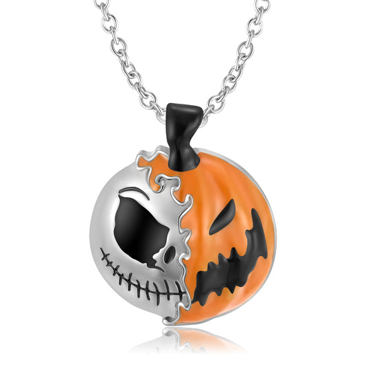 Halloween Double Sided Pumpkin Skull Face Silver Necklace