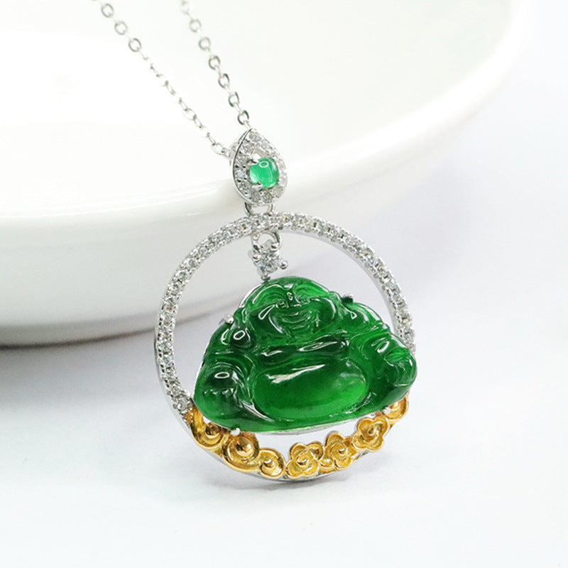 Sterling Silver Jade Buddha Necklace with Hollow Circle Pendant