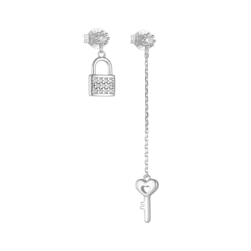 Asymmetrical Zircon Lock and Long Tassel Key Sterling Silver Drop Earrings