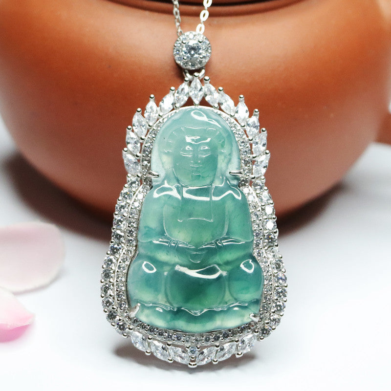 Sterling Silver Guanyin Necklace with Natural Blue Green Jade and Zircon Accents