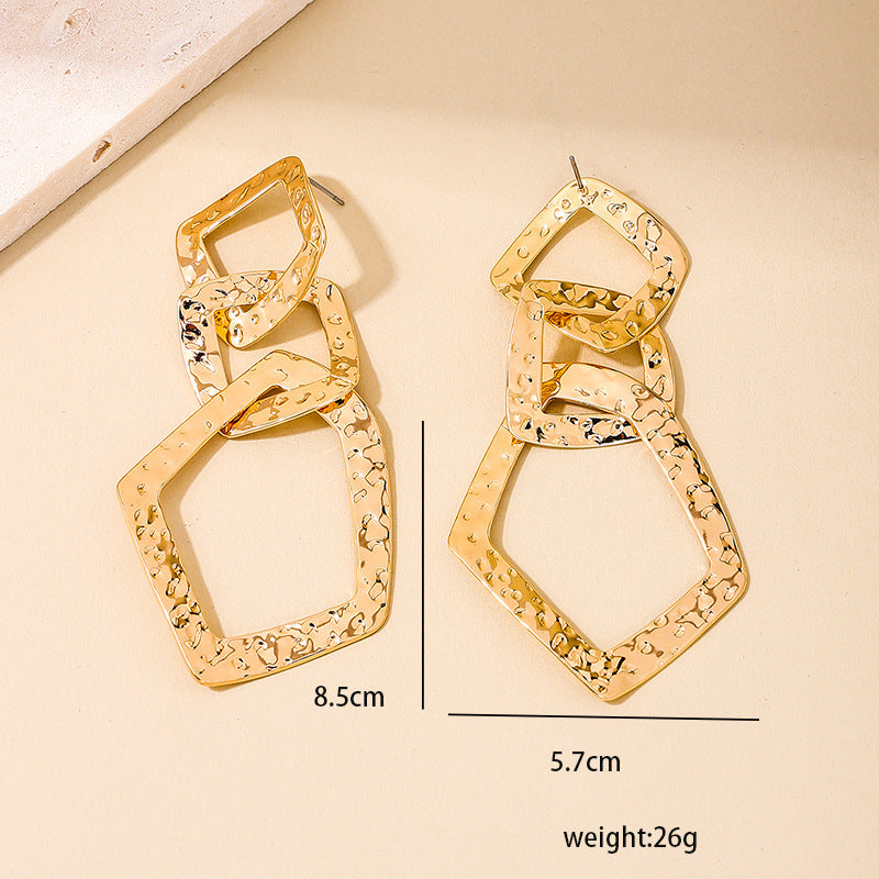 Exaggerated Retro Diamond Earrings in Irregular Geometric Design