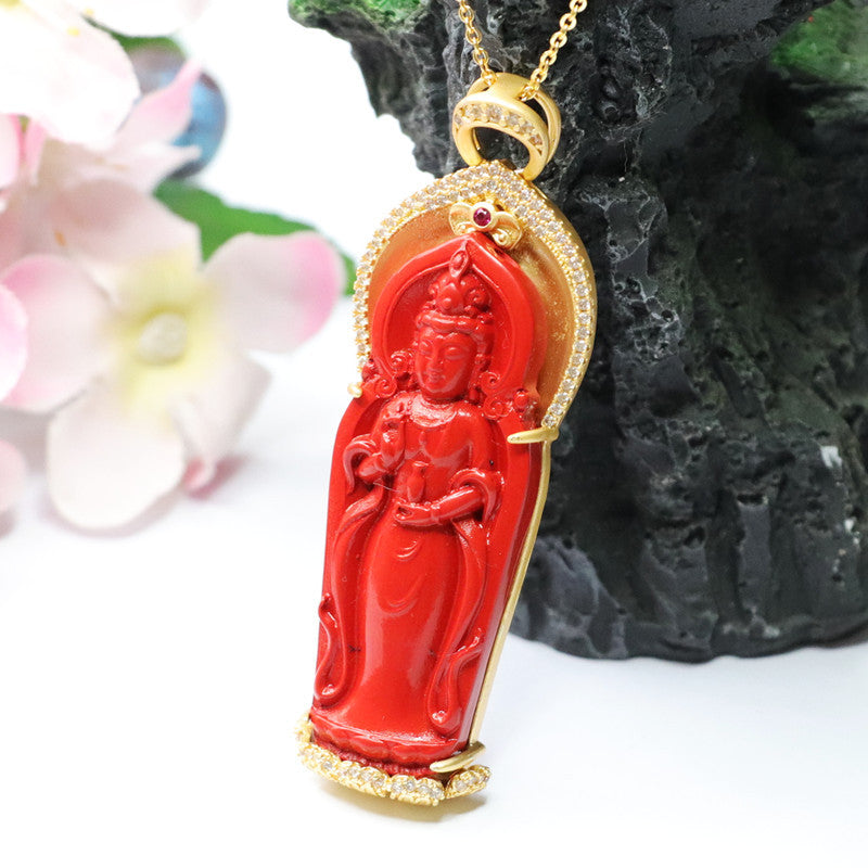 Divine Cinnabar Guanyin Necklace in Red Sand Golden Finish