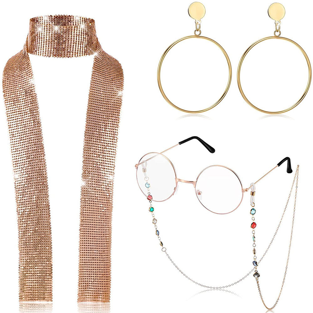 Glitter Sequins Fashion Set with Beaded Accessories and Sunglasses Chain