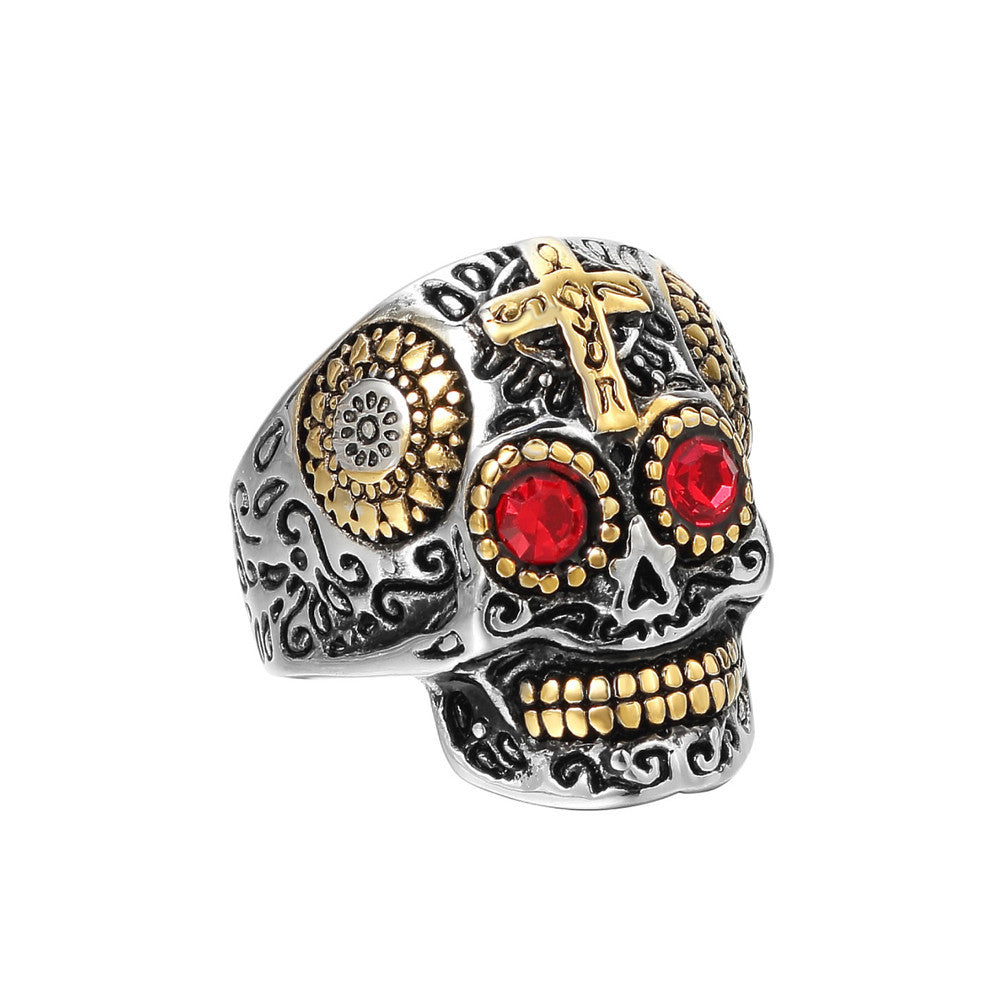 Halloween Mexican Ghost Skull Zircon Titanium Steel Ring for Men