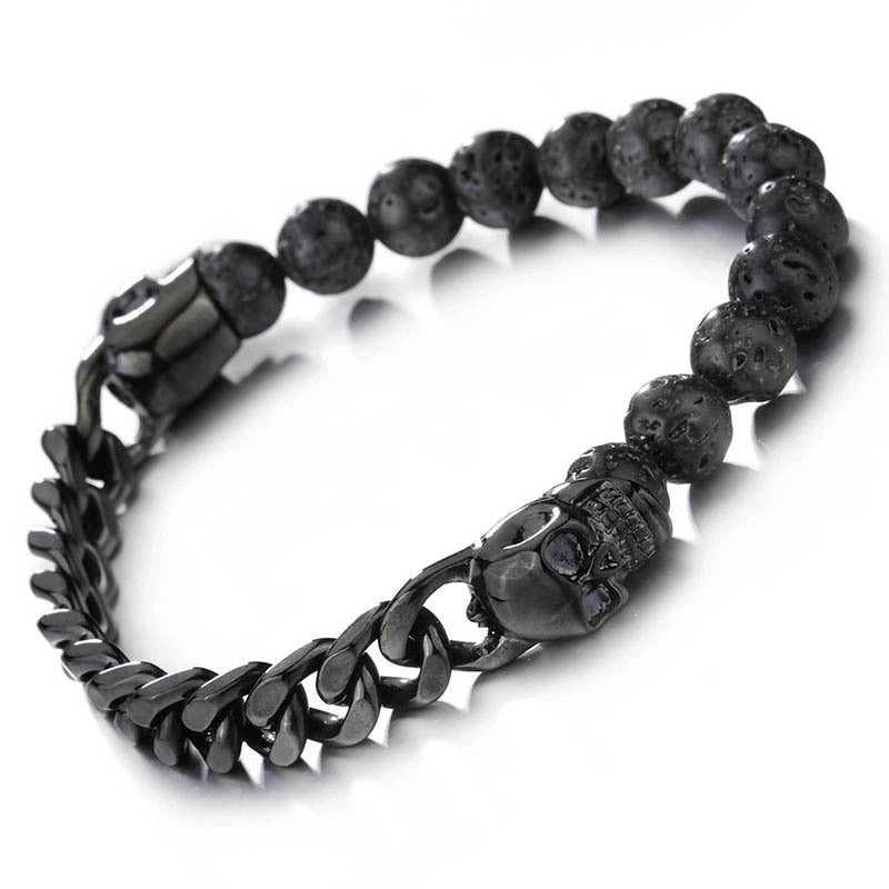 Men's Volcanic Stone Beaded Bracelet with Stainless Steel Skull Buddha Accent