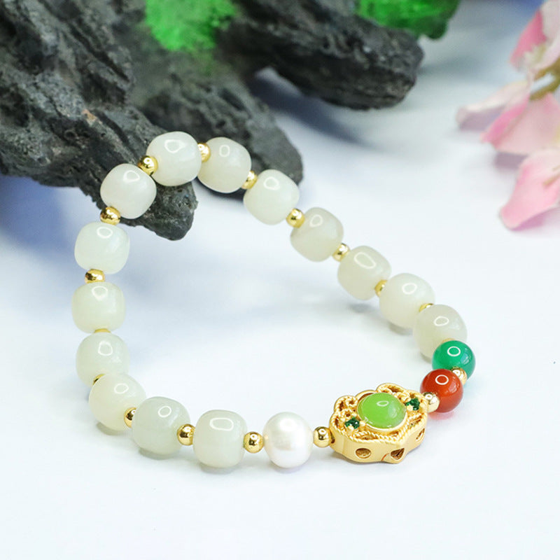 Fortune's Favor Sterling Silver Bracelet with Jade, Pearl, and Chalcedony Gems