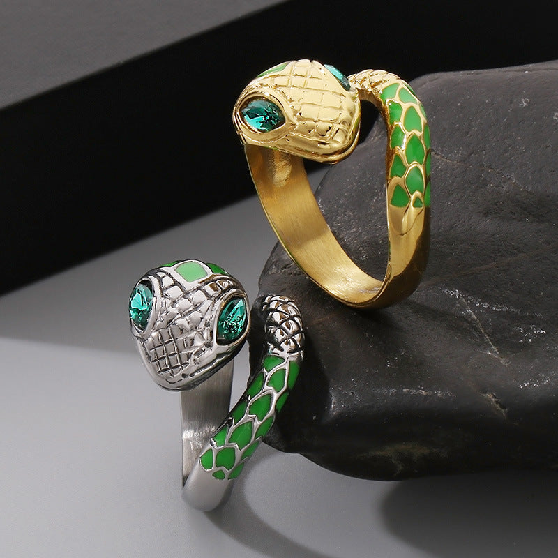 Stylish Green Eye Snake Ring for Men - Trendy Simian-Inspired Titanium Steel Design