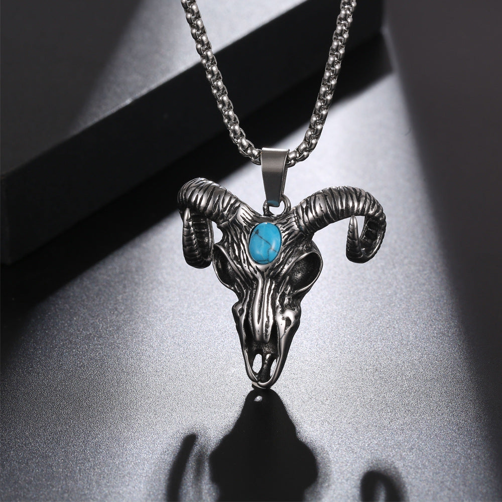 Retro Titanium Steel Bull Head Pendant Necklace with Devil Inlaid Stone for Men