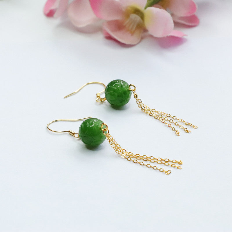 Auspicious Cloudscape Sterling Silver Jade Earrings with Green Tassel