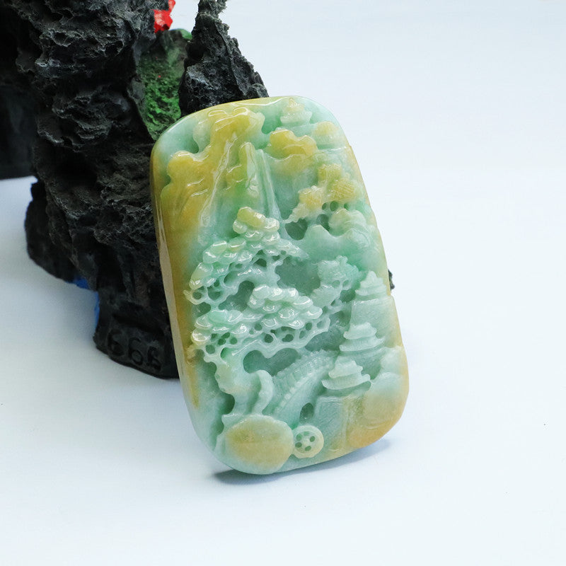 Landscape Jade Pendant Featuring High-Quality Yellow and Green Carving