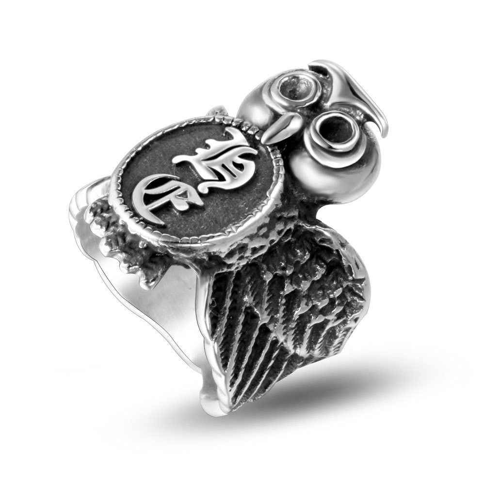 Retro Titanium Steel Owl Ring for Men - Cute Animal Sanskrit Punk Design