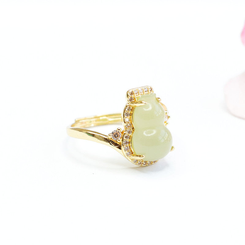 Elegant Hotan Jade Gourd Zircon Ring Jewelry