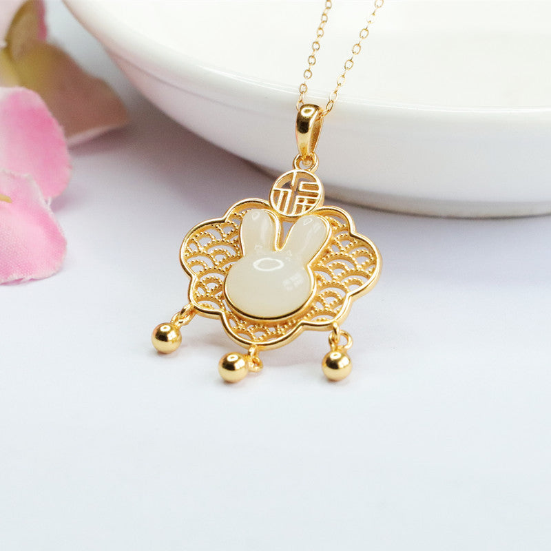 Silver Rabbit Blessing Necklace with Natural White Jade Hollow Ruyi Pendant