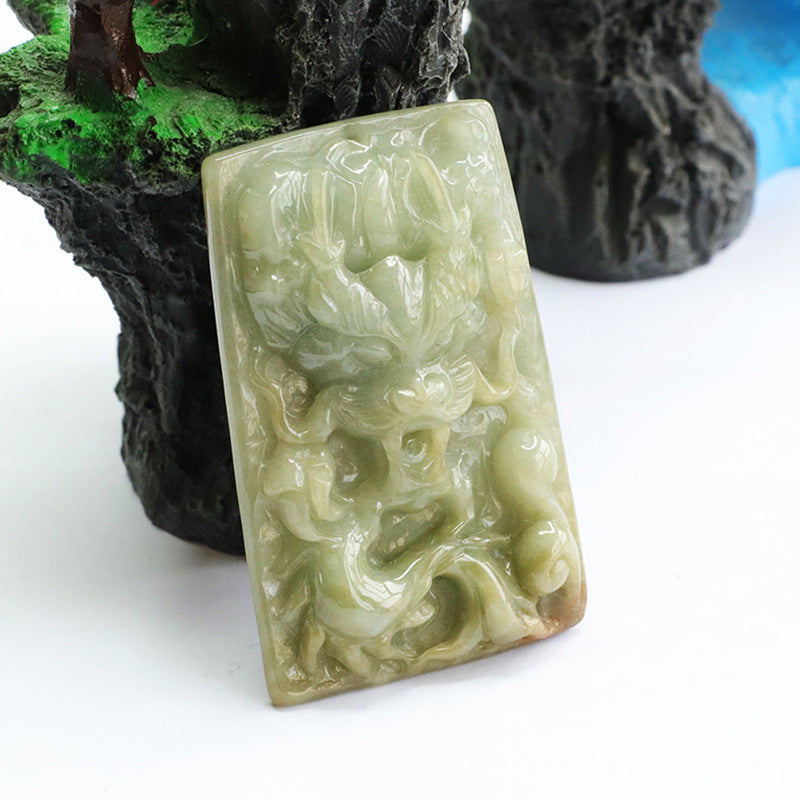 Dragon Carved Yellow Burmese Jade Pendant Sterling Silver Fortune's Favor