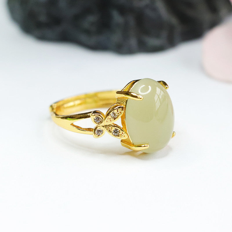 Oval Hetian Jade Ring with Zircon Butterfly Accent and Adjustable Design