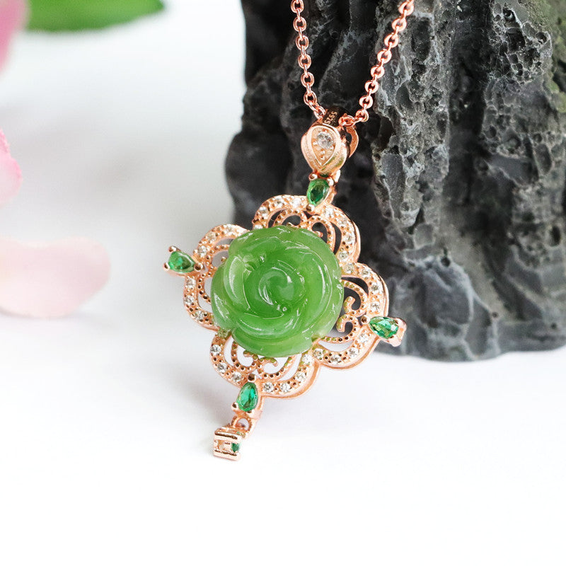 Hetian Jade Jasper Rose Hollow Pendant Necklace crafted in Sterling Silver