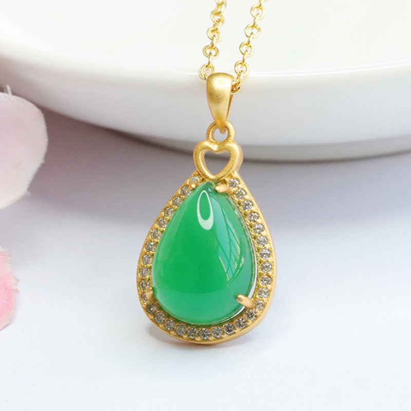 Droplet Pendant Necklace with Green Chalcedony and Zircon Details