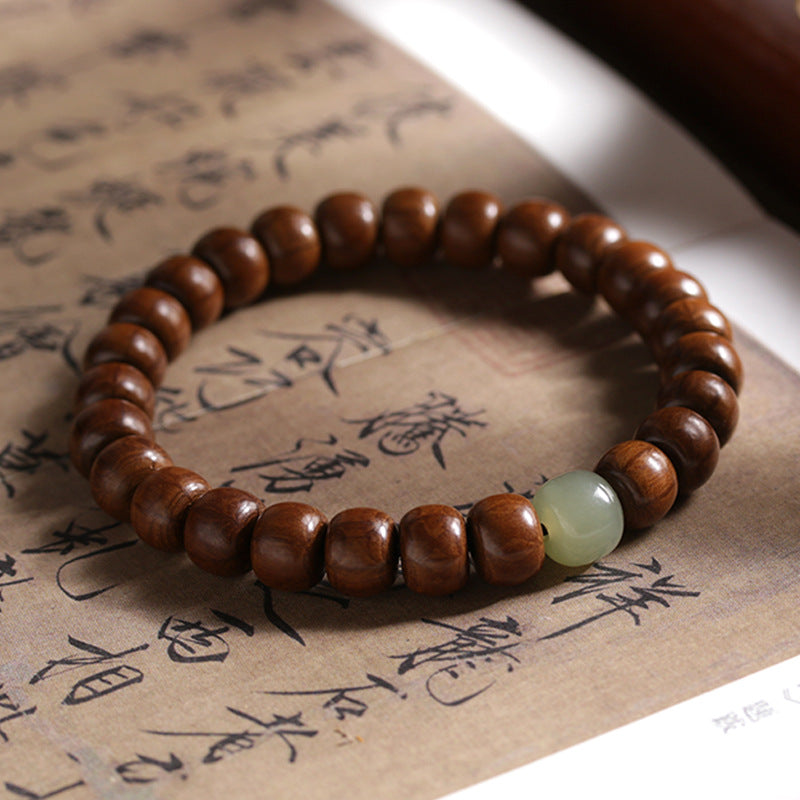 Natural Six Wooden and Jade Bracelet Set with Sterling Silver Details