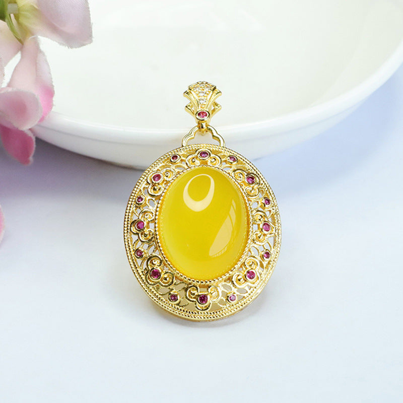 Yellow Chalcedony Ruyi Pattern Zircon Sterling Silver Pendant