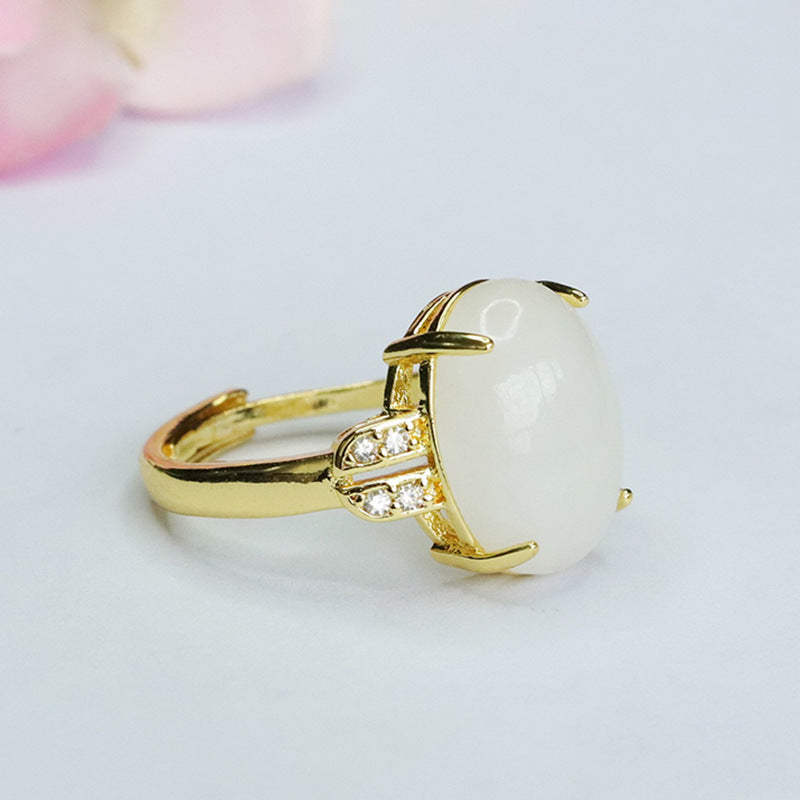 Elegant White Jade Sterling Silver Ring with Four Prongs