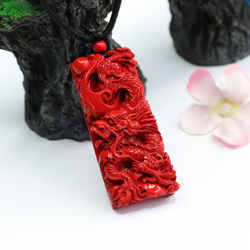 Dragon Carved Red Sand Cinnabar Sterling Silver Pendant