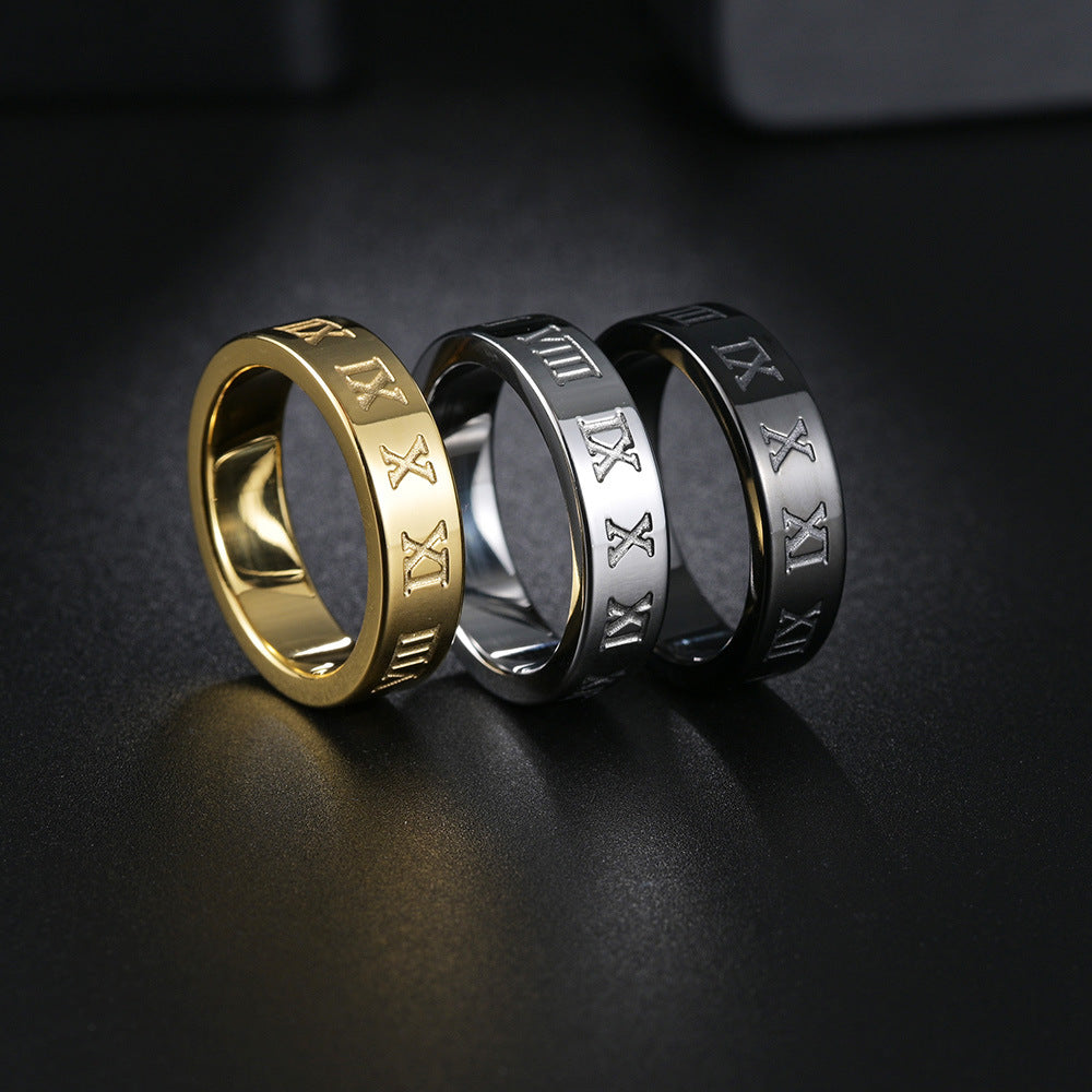 Elegant Roman Numeral Titanium Steel Ring for Men - Size 7-12