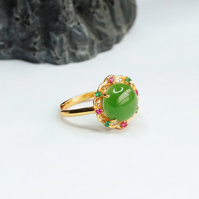 Sterling Silver Adjustable Green Jasper Hollow Flower Ring with Natural Hetian Jade and Zircon