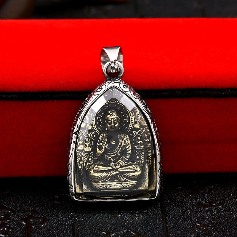 Wholesale Ethnic-Inspired Men's Stainless Steel Buddha Pendant with Crystal Inlay - Retro Style Jewelry for Him