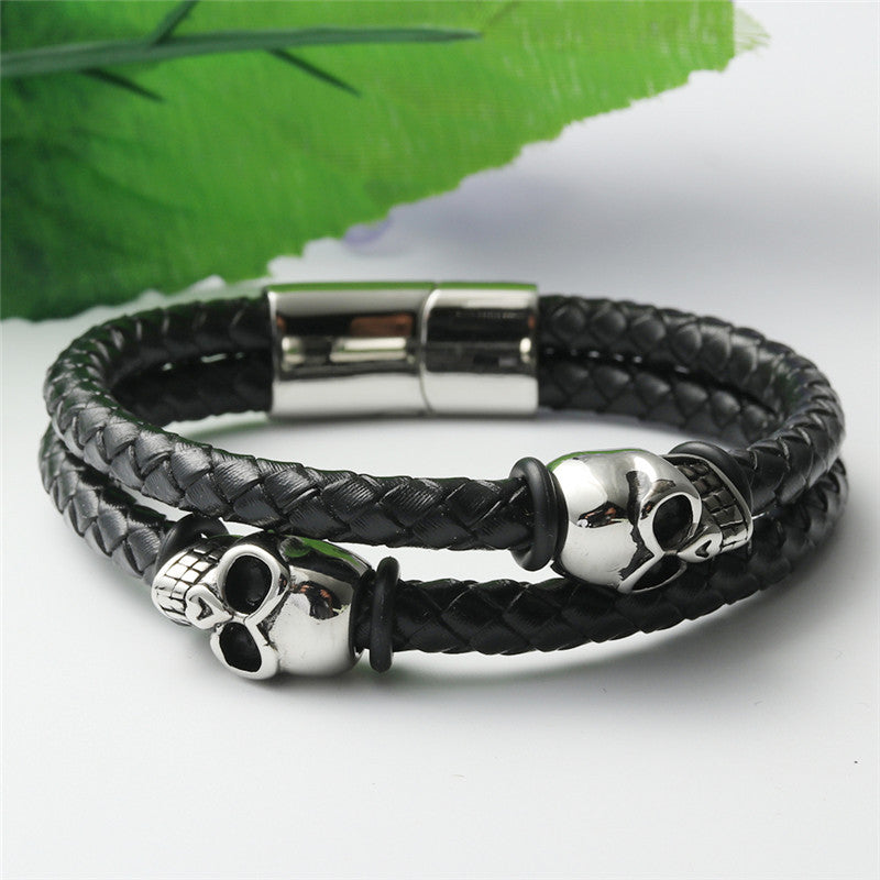 Titanium Steel Skull Bracelet for Men - Personalized Punk Leather Braided Design