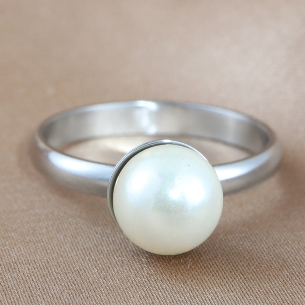 Titanium Steel White Bead Ring - Retro Punk Jewelry for Trendy Girls