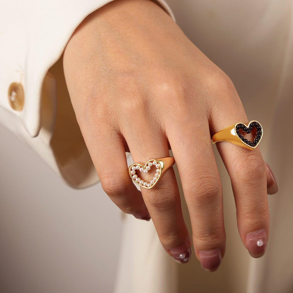 Heart-Shaped Imitation Pearl Hollow Ring - Luxe Copper Jewelry for Women