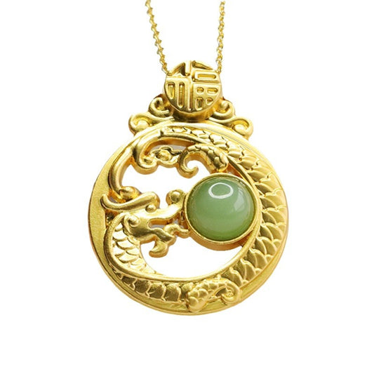 Fortune's Favor Genuine Hetian Jade Dragon Pendant with Jasper Bead