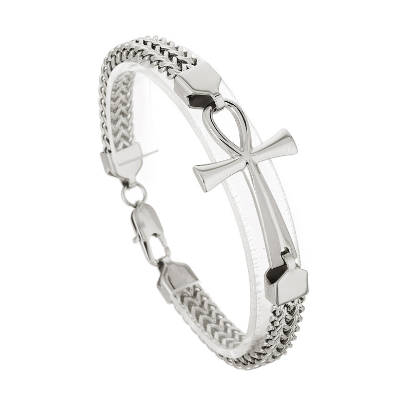 Vintage Double Row Braided Chain Bracelet with Ancient Egyptian Cross for Men, Rock Hip Hop Style in Titanium Steel